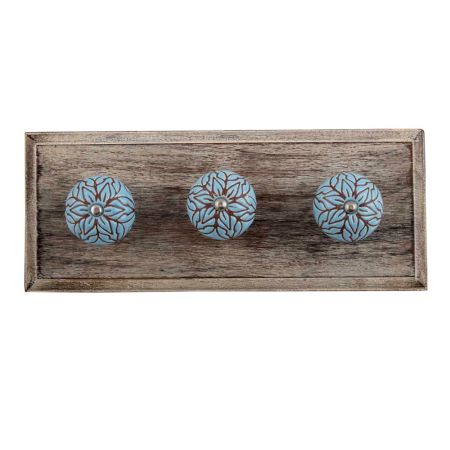 Turquoise Amarylis Floral Etched Ceramic Wooden Hooks